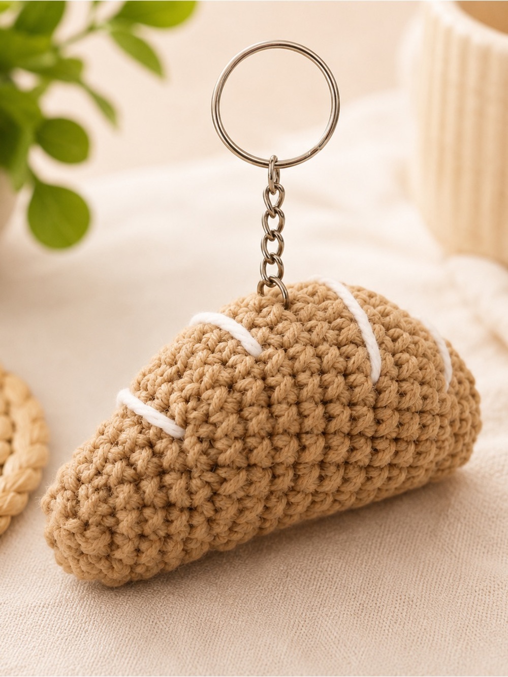 Handmade Crocheted Croissant Keychain - Tan & White